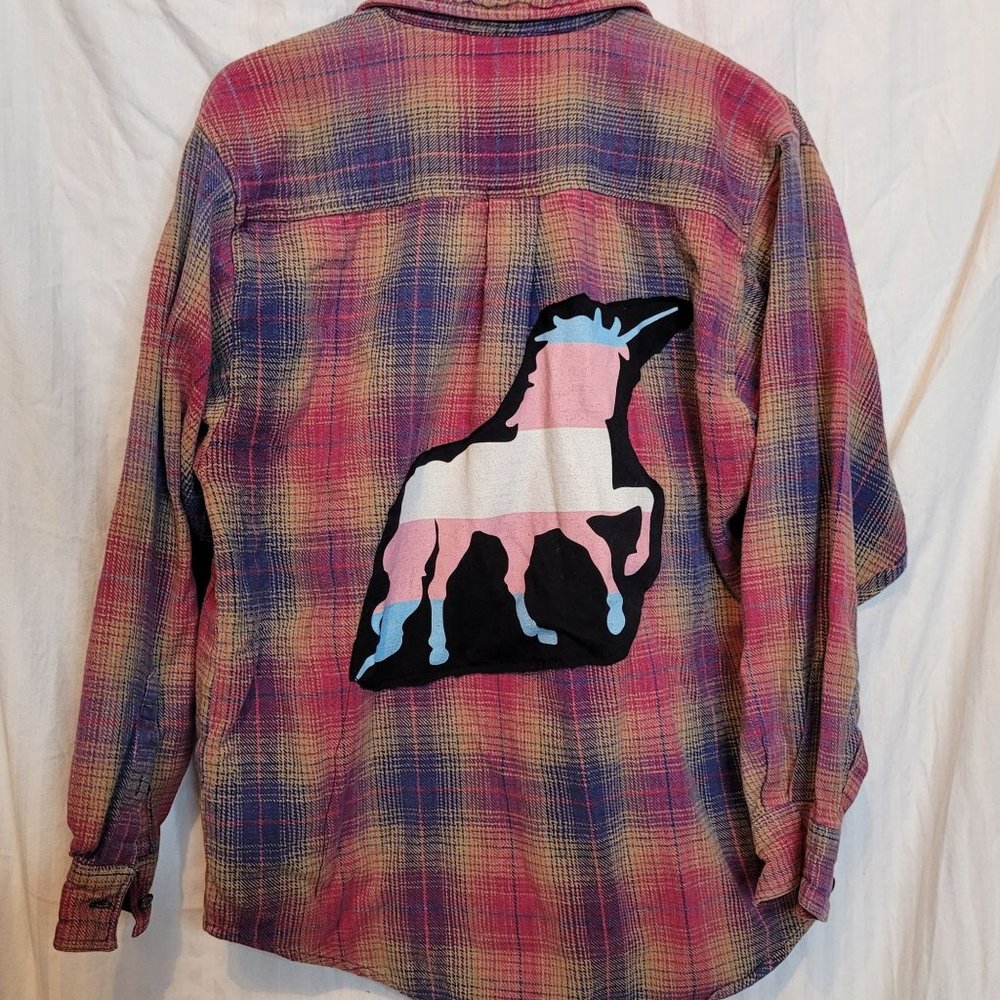 One Of A Kind Custom Handmade Shirt Transgender Unicorn Rainbow Flannel Shirt XL